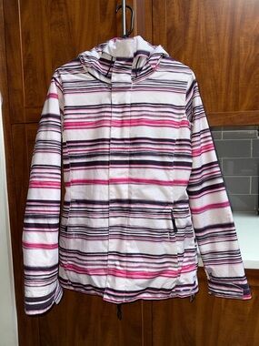 Oakley Women's Striped Hooded Ski Jacket in Pink, Black & White